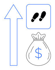 Blue arrow pointing upward, a footprint sign symbolizing progress, and a money bag with a dollar sign. Ideal for themes thumbs up success, finance, investment, growth, planning, business