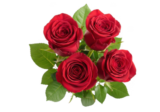 Beautiful bunch of four deep red roses with green leaves isolated on a black background for romantic occasions isolated on transparent background