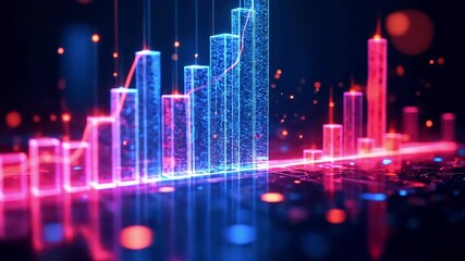 Neon-lit data visualization features glowing blue & red bar charts with upward trend, reflects - Powered by Adobe