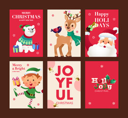 Cute Christmas greeting card set with typography and hand drawn festive Santa Claus, elf, polar bear, reindeer and Christmas decorative design elements on red and nude colored background