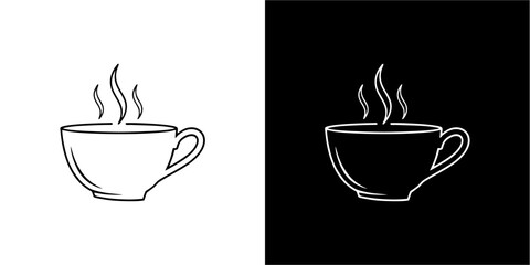 Two line art illustrations of a steaming cup, one on a white background and one on a black background.