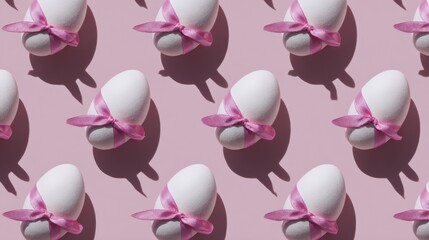 Fototapeta premium Pink Ribbon Tied White Eggs with Bunny Ear Shadows on Soft Pink Background