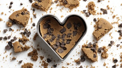 Chocolate Chip Cookie Pieces with Heart Shaped Metal Cutter on White Surface