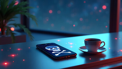 Smartphone with a skull and crossbones on a table with a cup of coffee.