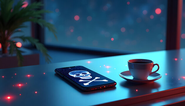 Smartphone with a skull and crossbones on a table with a cup of coffee.