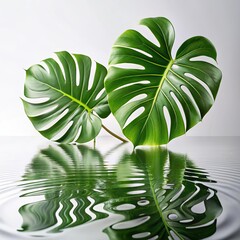 Vibrant Monstera Leaves With Ripple Effect on Glass Surface Enhancing Natural Beauty