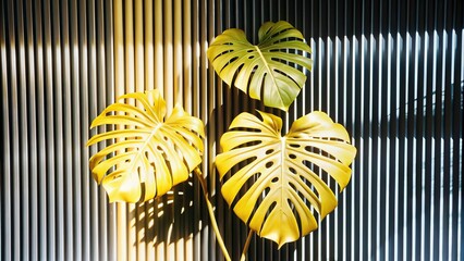 Green palm with reeded glass. Pure aesthetic behind frosted panel for modern beauty illustration. Plant leaves. White Reeded Glass. Blurred luxury banner for summer presentation. Ribbed Background.