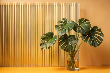 Green palm with reeded glass. Minimal wood wall with sunny tree decoration. White Reeded Glass. Pure aesthetic behind frosted panel for modern beauty illustration. Ribbed Background. Plant leaves.