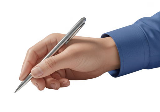 Human hand holding a pen ready to write document business professional writing tool in action isolated on transparent background