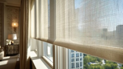 Solarpowered motorized shades adjusting automatically in response to sunlight lens focusing on solar panel and shade texture while interior elements remain softly out of focus.