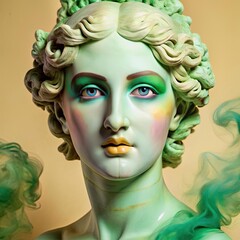 Venus De Milo Marble Statue With Unique Smoky Eyes Beauty Makeup in Soft Pastel Tones
