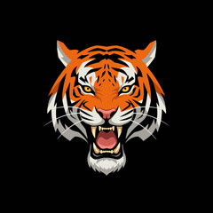 Fierce Roaring Tiger Head Vector Illustration with Bold Orange and Black Stripes