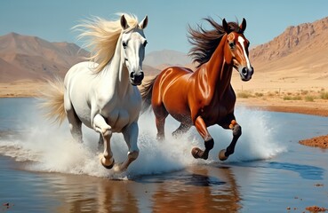 Obraz premium Two horses run through water. White, brown horses gallop powerfully creating splash. Mountains in background. Dynamic artwork conveys strength, freedom. Illustrates equestrian themes, outdoor