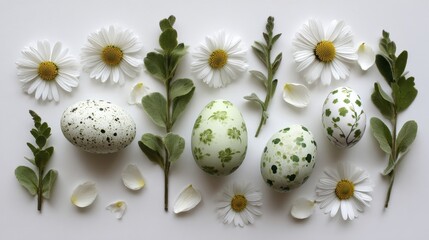 Obraz premium Decorated Easter Eggs and Fresh White Daisies with Green Foliage on a Simple Light Surface