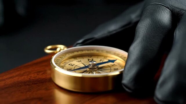 A hand in a black glove is touching a compass on a wooden table.