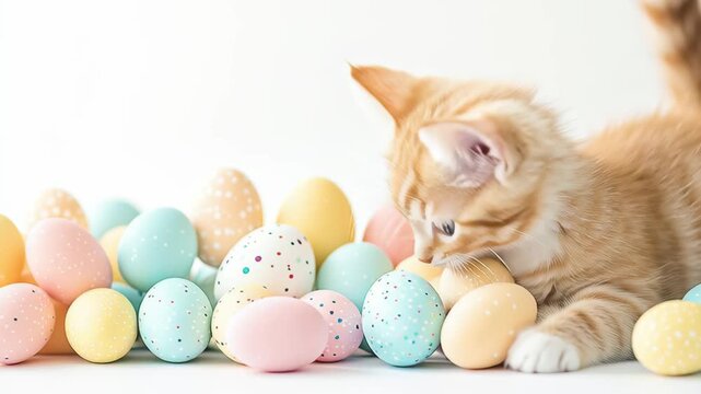Easter Kitten and Eggs: A curious ginger kitten explores a colorful array of pastel Easter eggs, embodying the joyful spirit of the holiday.