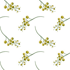 Beautiful olive and green berries with splashes on a branch seamless floral botanical pattern. Digital watercolor hand drawn. For fabric, textiles, wrappers, covers, women, girls, accessories, gifts