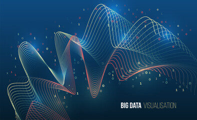 A colorful wave of binary code in the form of graphs symbolizing big data visualization, analytics and information flow on a dark digital background.