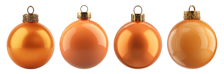 Four bright orange Christmas ball ornaments isolated on transparent background