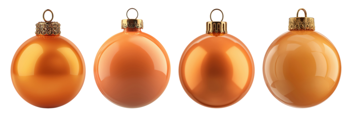 Four bright orange Christmas ball ornaments isolated on transparent background