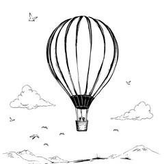 Black and White Hand-Drawn Hot Air Balloon Illustration with Birds, Clouds, and Mountain Landscape