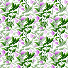 Beautiful pink flowers and green branches with leaves, seamless floral botanical pattern. Digital watercolor hand drawn. For fabric, textiles, wrappers, covers, women, girls, accessories, gifts