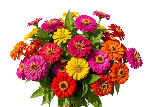 Vibrant bouquet of colorful zinnia flowers in full bloom isolated on a dark backdrop isolated on transparent background