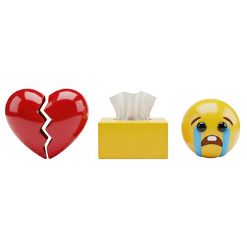 Broken heart tissue box and crying emoji sadness and comfort symbolism for emotional support isolated on transparent background