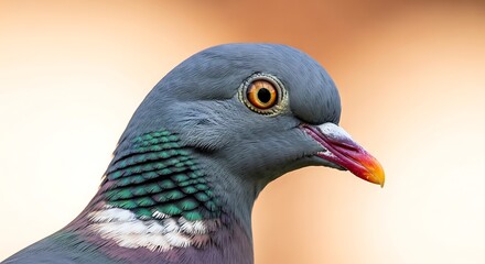 Closeup portrait of a wood pigeon with iridescent neck feathers and a bright orange beak