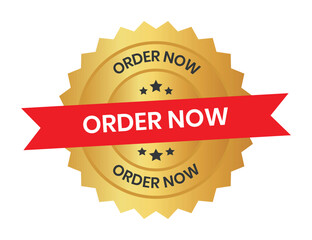 Order now. Order now round blue and gold label isolated on transparent background. Order now logo, label, sign, badge, symbol, banner, line, flat vector, isolated illustration.
