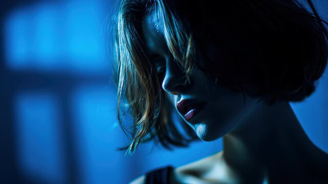 Model poses in dramatic lighting with blue hues in a studio setting showcasing artistic photography techniques