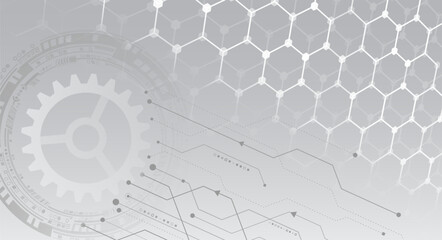 Modern gray technology background with gear, hexagonal grid, and circuit lines. Ideal for engineering, digital innovation, and futuristic design projects. For high tech presentation.