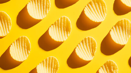 Crisp chips arranged in rows on a vibrant yellow background, creating a playful and appetizing visual pattern. Snacking fun!