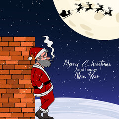 Creative and emotional Christmas illustration showing Santa’s sleigh flying with reindeer across the big moon above a glowing city skyline, while several sad Santas stand below, watching the sky