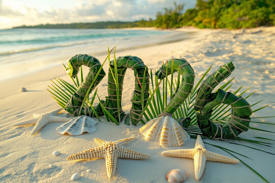 “2026” Made of Tropical Leaves on a Sunset Beach - Powered by Adobe