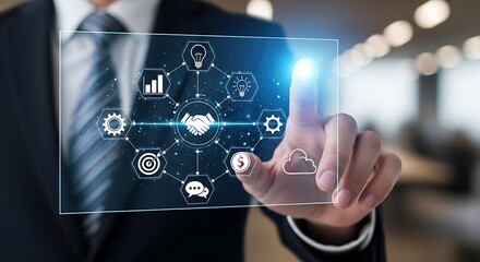 Businessman touching digital screen with business icons and handshake in the center view close up