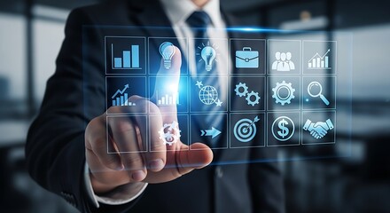 A businessman interacting with a digital interface displaying business related icons and information