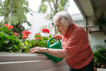Elderly woman watering potted flowers on balcony.