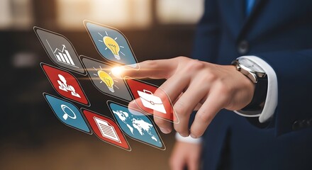 A businessman interacting with digital icons representing various business functions on a screen