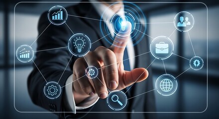 Businessman interacting with digital interface displaying business related icons and connections