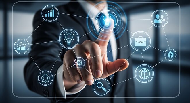 Businessman interacting with digital interface displaying business related icons and connections