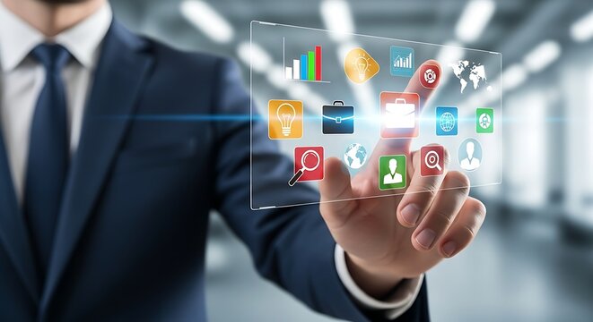 Businessman interacting with a futuristic transparent interface displaying various icons and graphics