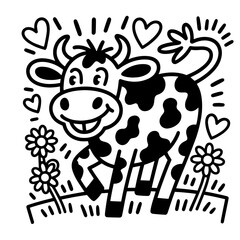 Adorable Black White Cartoon domestik animals mascotes dog cat cow bulldog korgi dino  Vector Art
