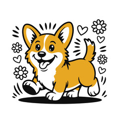 Adorable Black White Cartoon domestik animals mascotes dog cat cow bulldog korgi dino  Vector Art
