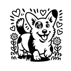 Adorable Black White Cartoon domestik animals mascotes dog cat cow bulldog korgi dino  Vector Art
