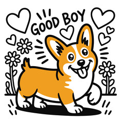 Adorable Black White Cartoon domestik animals mascotes dog cat cow bulldog korgi dino  Vector Art
