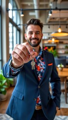 Obraz premium Businessman Holding Keys in Modern Office Space Professional Environment Engaging Viewpoint