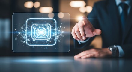 Businessman interacting with a digital interface displaying a complex network connection icon