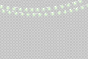 Green and golden glowing fairy lights garland on transparent background for festive holiday celebration design
