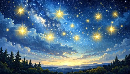 Starry night sky over forest